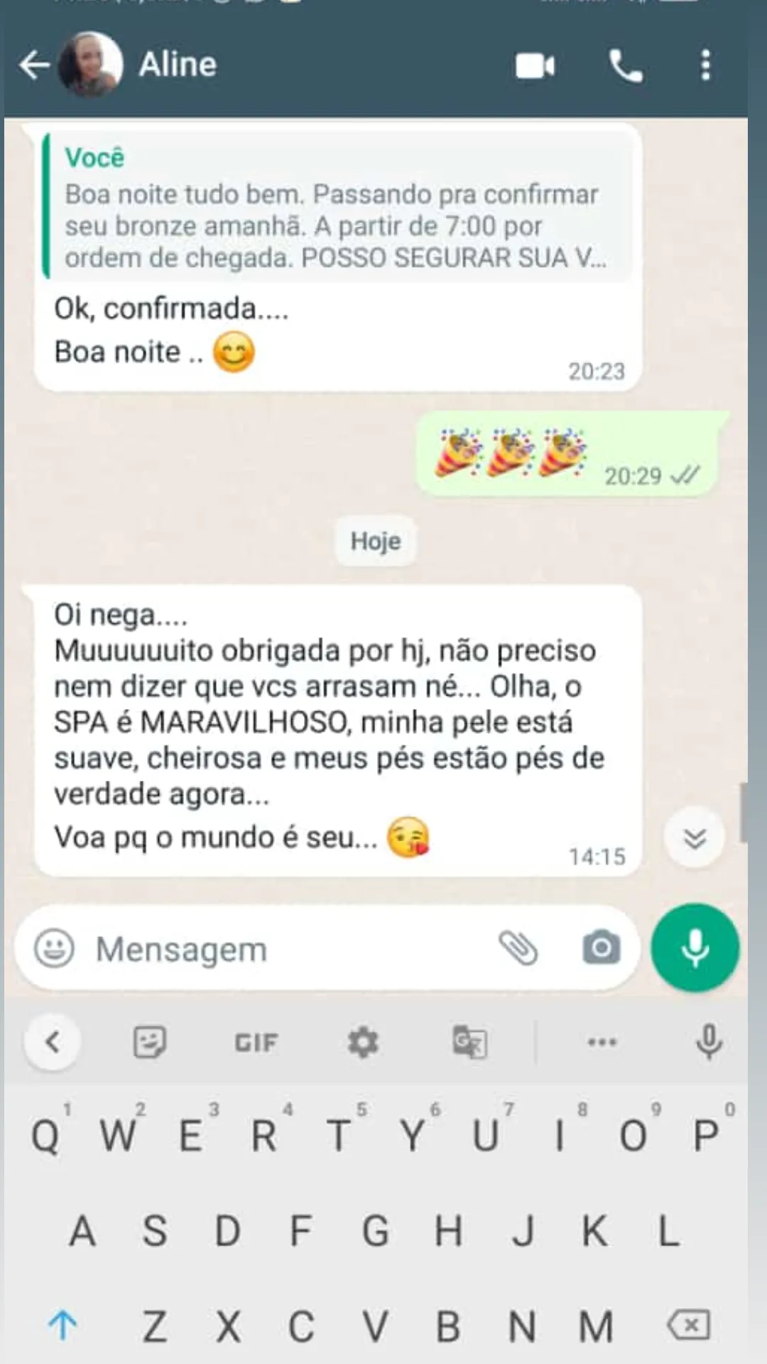 Feedback de cliente — Aline — WhatsApp
